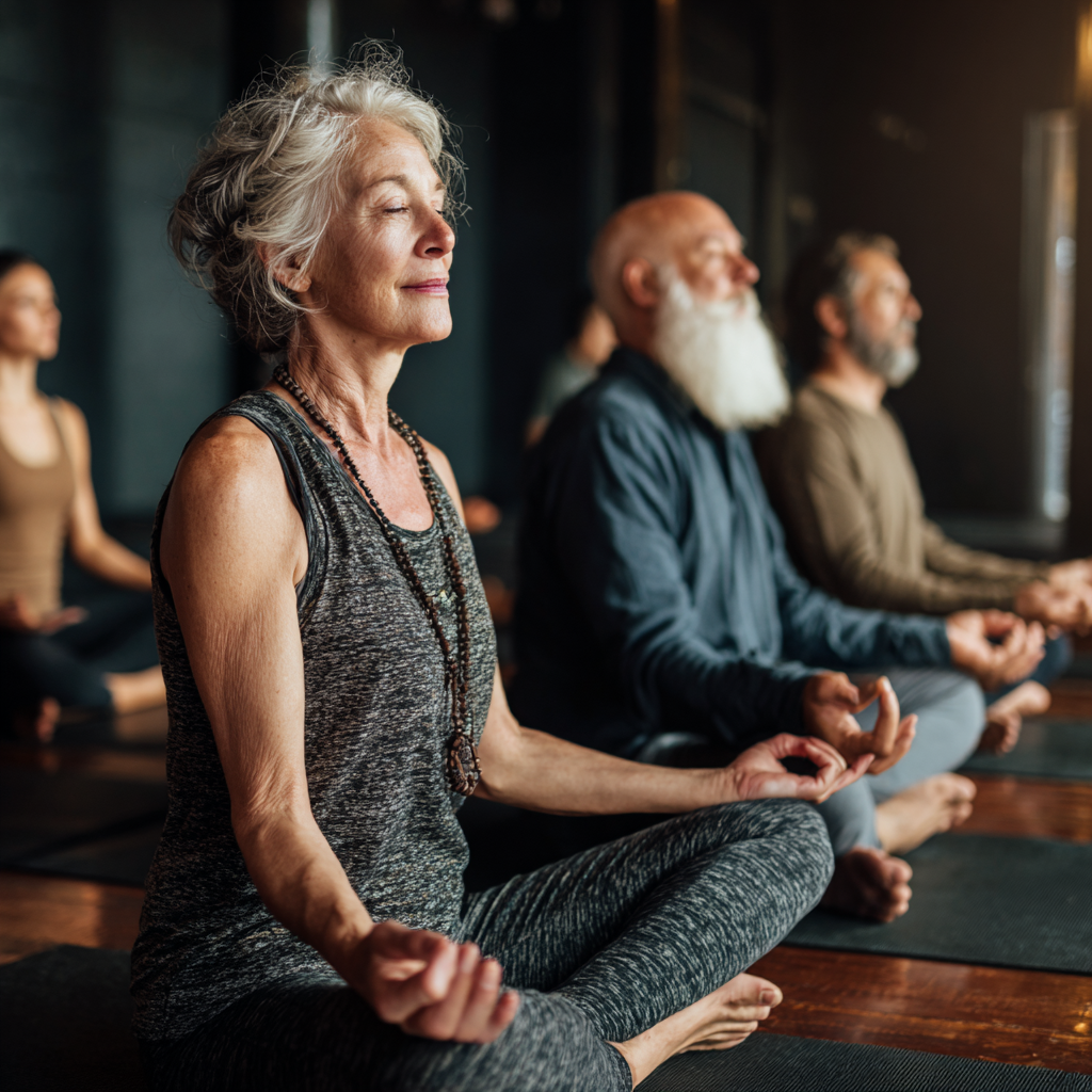 Experienced yoga instructor guiding mature adults in peaceful group session