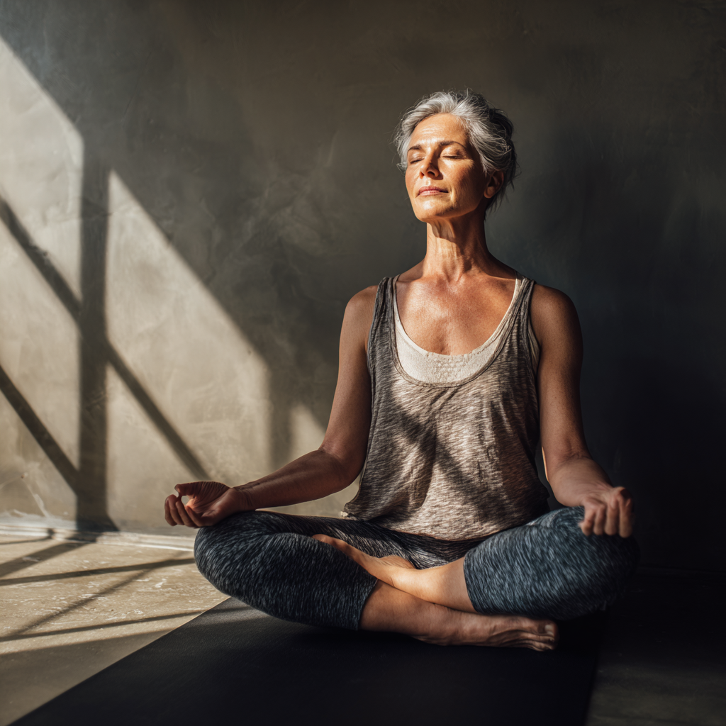 Mature woman practicing peaceful yoga meditation in natural light studio setting