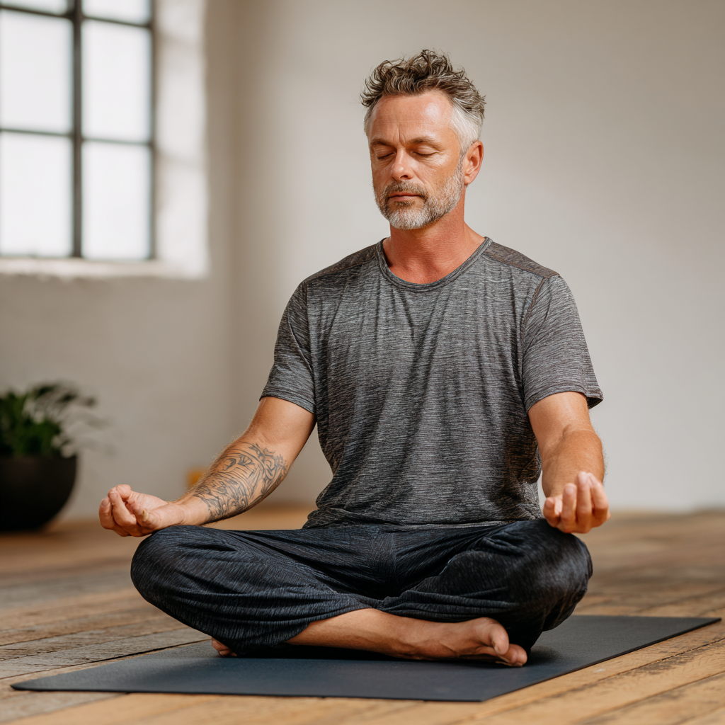 Middle-aged man performing gentle hatha yoga poses in serene studio environment